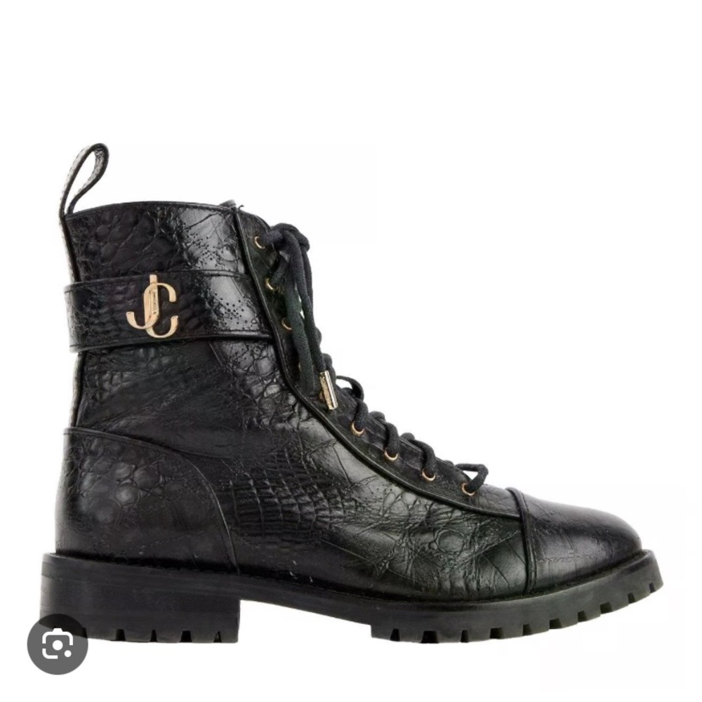 Jimmy Choo Cayo Flat Boots Patchwork Croc Embossed Leather